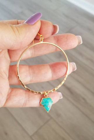 Gold Turquoise Hoop Earrings, Boho Hoops