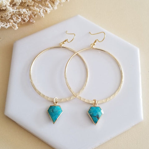 Gold Turquoise Hoop Earrings, Boho Hoops