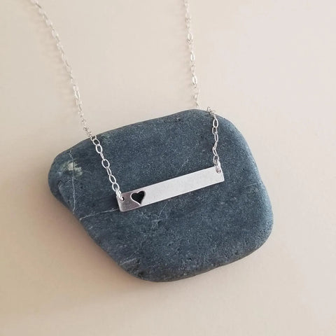 Silver Bar Necklace with Cut-Out Heart – Minimalist and Meaningful Jewelry Gift