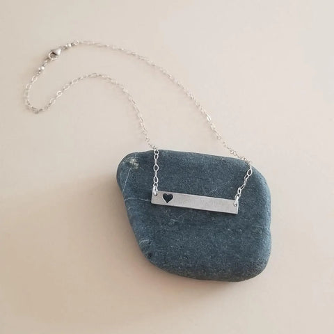 Silver Bar Necklace with Cut-Out Heart – Minimalist and Meaningful Jewelry Gift