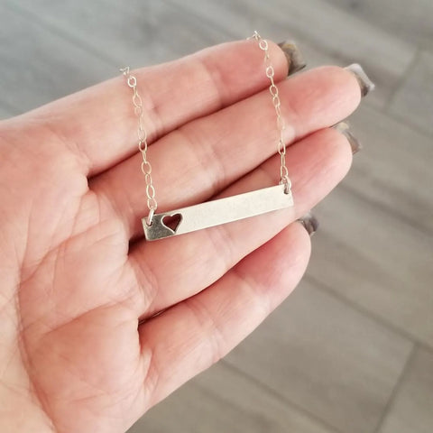 Silver Bar Necklace with Cut-Out Heart – Minimalist and Meaningful Jewelry Gift