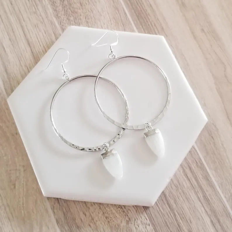 Silver Boho Hoop Earrings with Moonstone, Moonstone Dangle Earrings, Statement Earrings