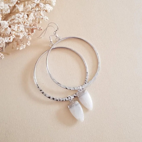 Silver Boho Hoop Earrings with Moonstone or Labradorite, Bohemian Jewelry, Gemstone Earrings
