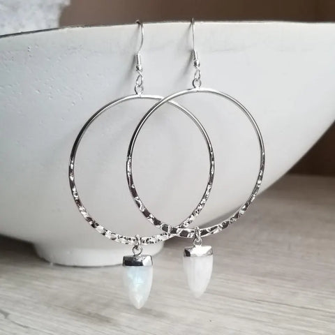 Silver Boho Hoop Earrings with Moonstone, Boho Bride Earrings, Labradorite Earrings