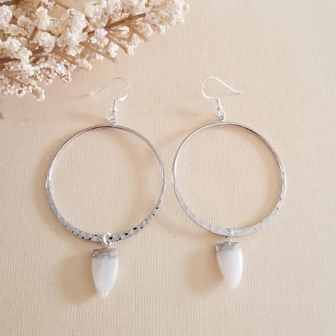 Silver Boho Hoop Earrings with Moonstone