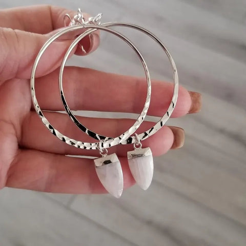 Silver Boho Hoop Earrings with Moonstone