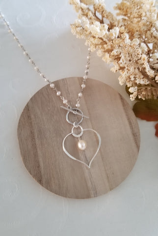 Front Toggle Pearl Necklace, Lotus Blossom Pendant, Boho Beaded Necklace