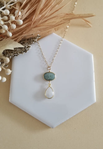 Aquamarine and Moonstone Necklace, Gold Aquamarine Pendant, Dainty Gold Chain, March Birthstone, Gift for Her, Moonstone Teardrop Pendant