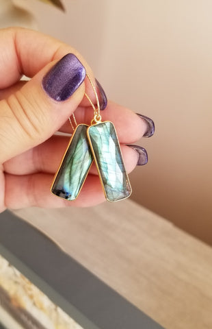Long Labradorite Earrings, Blue Flash Labradorite Dangle Earrings