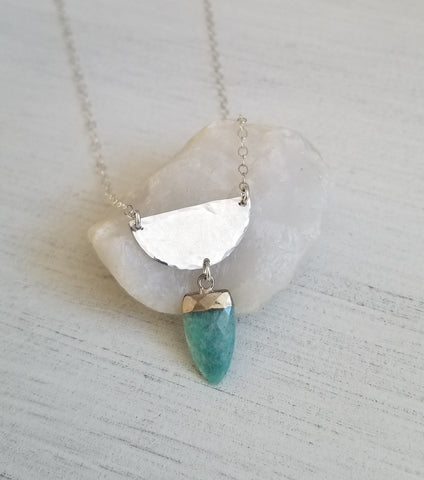 Half Moon Amazonite Pendant Necklace, Everyday Statement Necklace