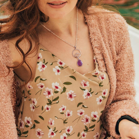 Lotus Flower Necklace Sterling Silver, Amethyst Pendant Necklace, Inspirational Gift, Lotus Necklace with Amethyst Teardrop, Silver Lotus Necklace