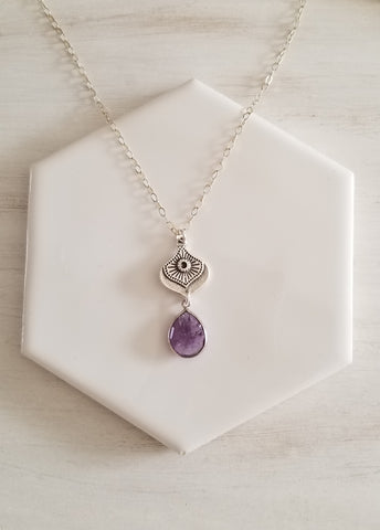 Silver Amethyst Teardrop Pendant Necklace