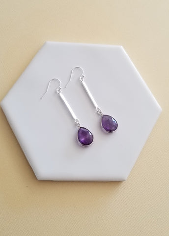 Amethyst Earrings, Sterling Silver Bar Earrings, Long Gemstone Earrings, Boho Style Jewelry, Moonstone Teardrop Earrings, Birthday Gift for Her