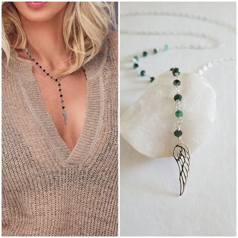 Raw Emerald Necklace, Angel Wing Lariat, Beaded Emerald Necklace, Long Center Drop Necklace, Sterling Silver 925 Y Necklace, May Birthstone