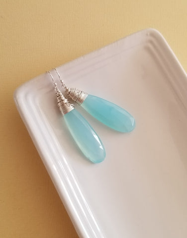 Aqua Chalcedony Drop Earrings, Wire Wrapped Stone Earrings