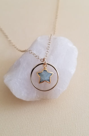 Star Necklace, Gold Circle Necklace, Gemstone Pendant Necklace, Gift for Her