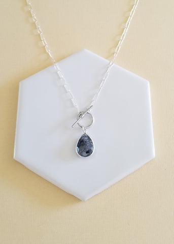 Black Rutilated Quartz Teardrop Necklace, Sterling Silver Paper Clip Chain with Toggle Clasp, Statement Necklace for Women