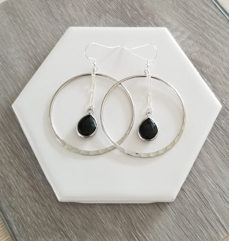Silver Hoops Earrings with Black Onyx Teardrop Stones