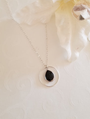 Black Onyx Pendant Necklace, Sterling Silver Black Stone Necklace