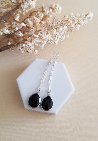Long Sterling Silver Black Onyx Earrings for Women, Gift for Her, Teardrop Earrings