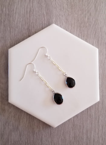 Black Onyx Earrings, Sterling Silver Chain Earrings, Black Onyx Teardrops, Long Gemstone Dangle, Paperclip Chain Earrings with Black Stones