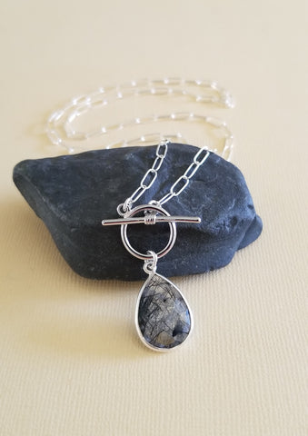 Black Rutilated Quartz Teardrop Necklace, Sterling Silver Paper Clip Chain with Toggle Clasp