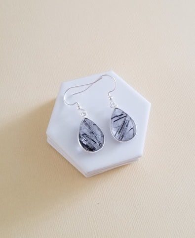 Unique Black Rutilated Quartz Teardrop Earrings