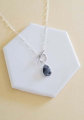 Black Rutilated Crystal Quartz Pendant Necklace, Modern Front Toggle Necklace, Sterling Silver Paper Clip Chain