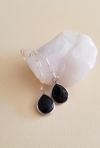 Black Onyx Teardrop Earrings for Women, Long Sterling Silver Earrings, Boho Stone Earrings, Handmade Gemstone Jewelry in the USA