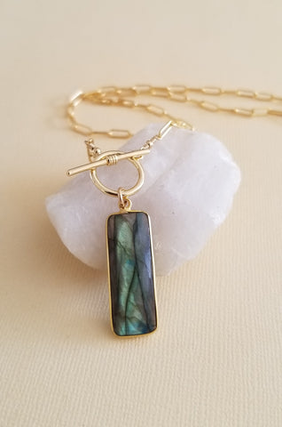 Natural Labradorite Necklace, Paperclip Chain with toggle clasp, One of a kind gemstone necklace, Affordable Jewe;ry Gifts for Women