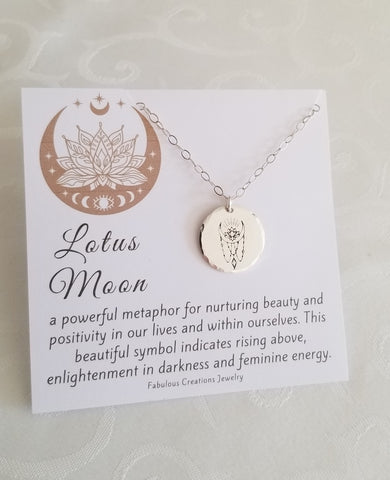 Sterling Silver Lotus Moon Coin Necklace, Boho Moon Necklace