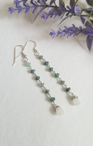 Natural Emerald and Moonstone Earrings, Long Gemstone Beaded Earrings