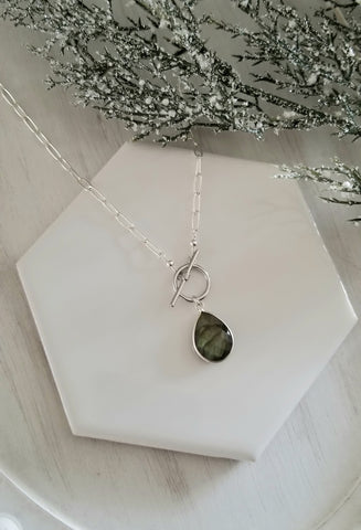 Labradorite Necklace, Sterling Silver Paperclip Chain Necklace