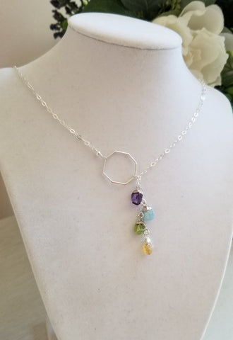 Custom Birthstone Necklace, Raw Gemstone Y Necklace for Women, Personalized Birthstone Necklace, Lariat Style