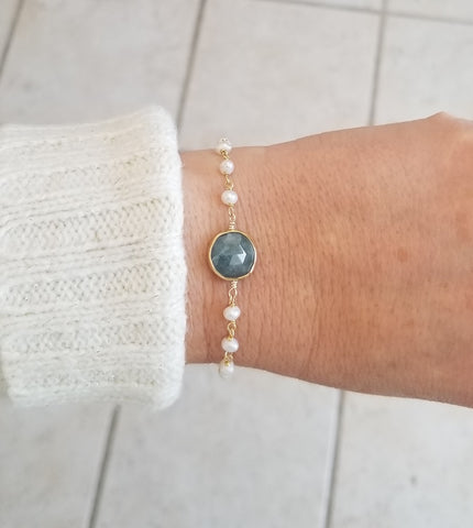 Aquamarine and Pearl Bracelet, Gift for Her, Handmade Jewelry in the USA