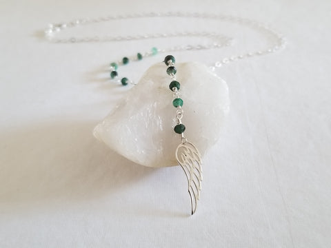 Emerald Y Necklace, Sterling Silver Angel Wing Center Drop Necklace