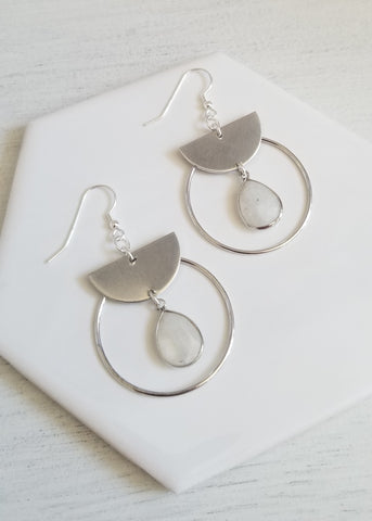 Silver Boho Hoops, Geometric Moonstone Earrings