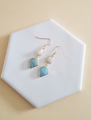 Natural Moonstone and Aquamarine Dangle Earrings, Gemstone Statermetn Earrings, Gift for Her