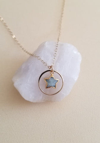 Star Necklace, Dainty Gold Aquamarine Star Pendant Necklace