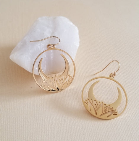 Lotus Moon Earrings, Boho Moon Earrings, Gold Hoops, Crescent Moon Earrings Dangle, Bohemian Earrings for Women, Gift for Her