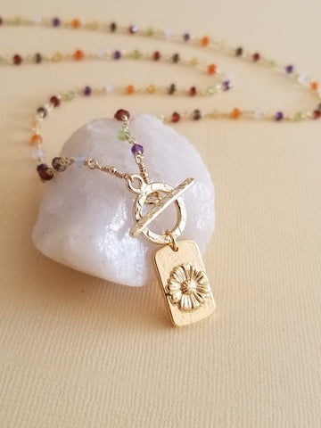 Gold Daisy Pendant Necklace, Front Toggle Beaded Chain Necklace