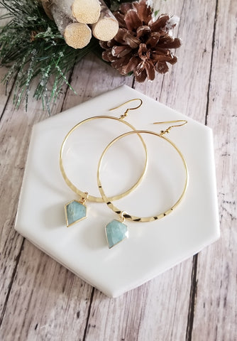 Aquamarine Earrings, Large Hoop Earrings, Gold Bohemian Hoops, Handmade Bohemian Jewelry