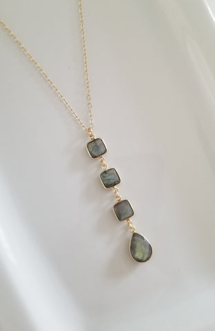 Gold Labradorite Necklace, Long Labradorite Center Drop Pendant Necklace