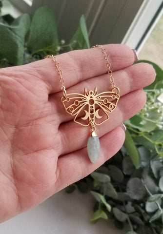 Gold Luna Moth Necklace with Gemstone, Celestial Jewelry for Women