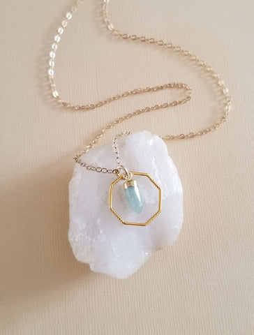 Gold Aquamarine Pendant Necklace for Women, Thin Gold Chain Necklace, March Birthstone Jewelry