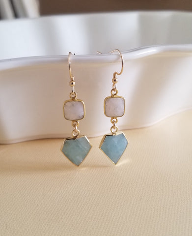 Natural Moonstone and Aquamarine Dangle Earrings