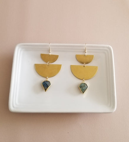 Raw Labradorite Earrings, Gold Geometric Earrings, Big Gemstone Earrings