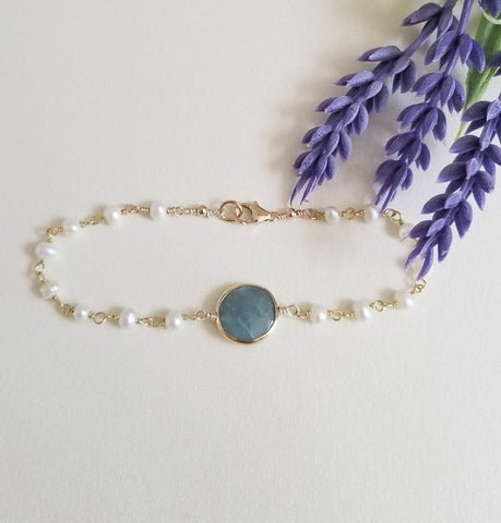 Dainty Pearl Bracelet, Raw Aquamarine Bracelet for women, Handmade bracelet in the USA