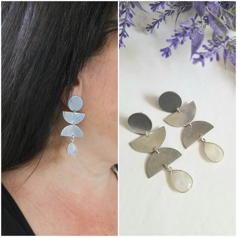 Modern Geometric Earrings, Moonstone Dangle Earrings
