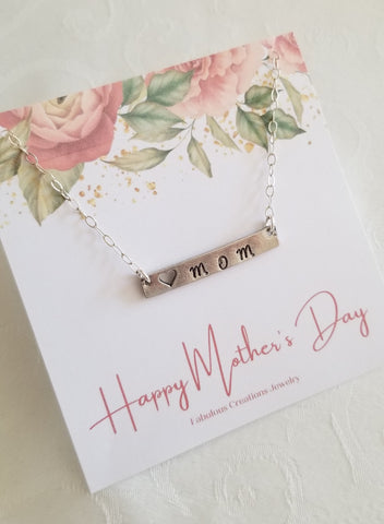 Personalized Gift for Mom, Mom Necklace, Silver Bar Necklace, Mom Jewelry, Hand Stamped Necklace